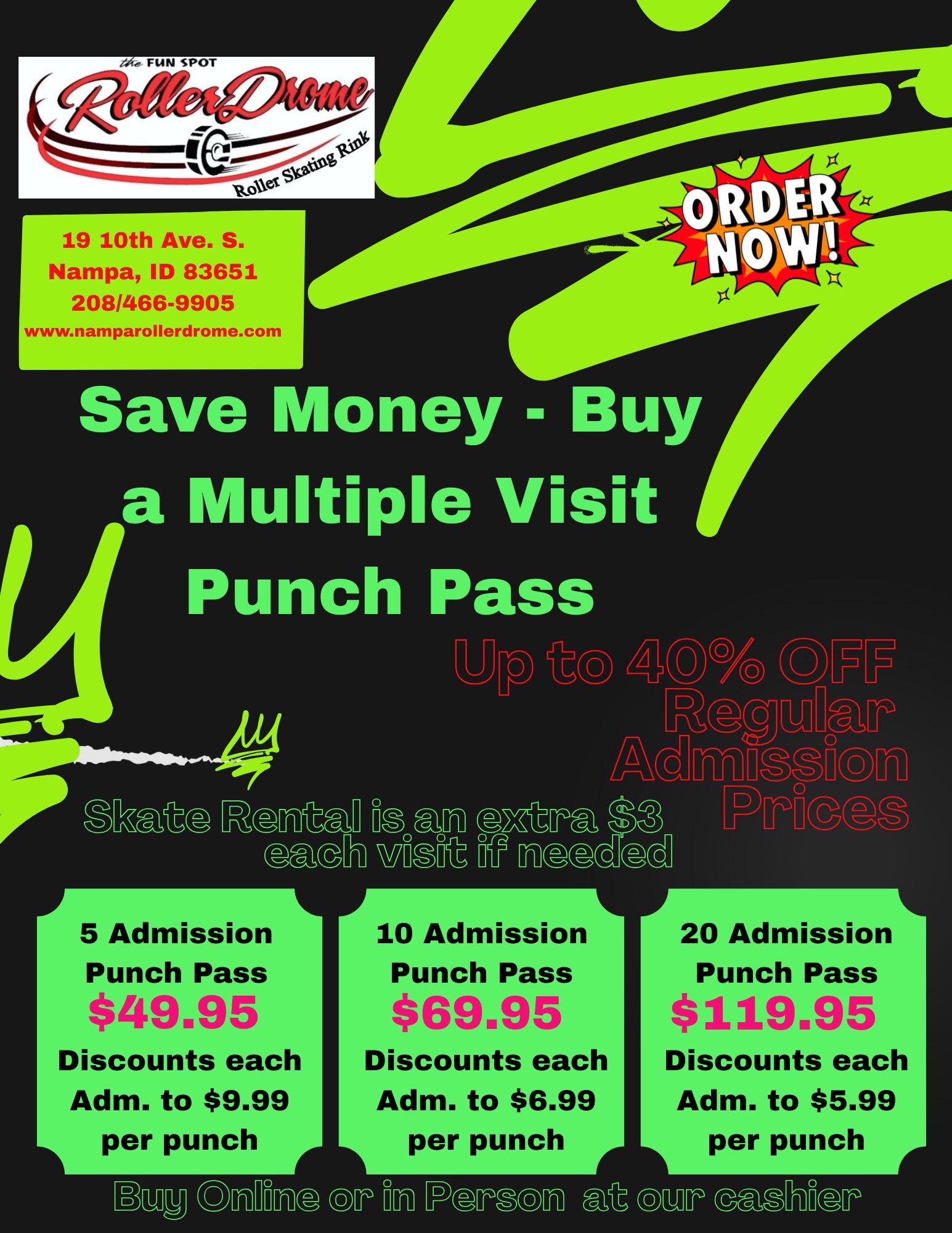 Discount 20 admission punch pass
10 punch admission pass
5 punch admission pass